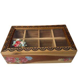 THE PIONEER WOMAN Wooden Tea Box Organizer Country Vintage Floral 8 Compartments
